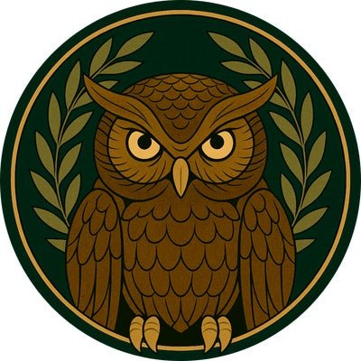 Mythic Matters owl emblem framed by golden laurel leaves