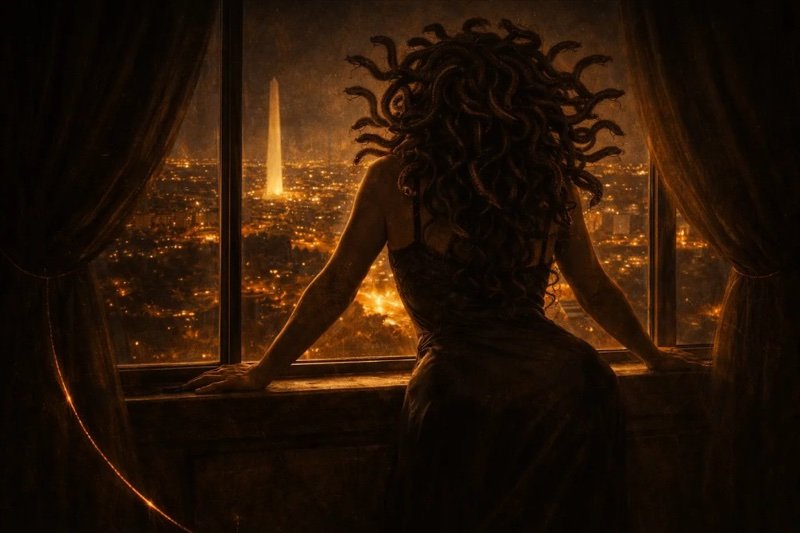 Medusa with snakes for hair, silhouetted at a window overlooking a city at night