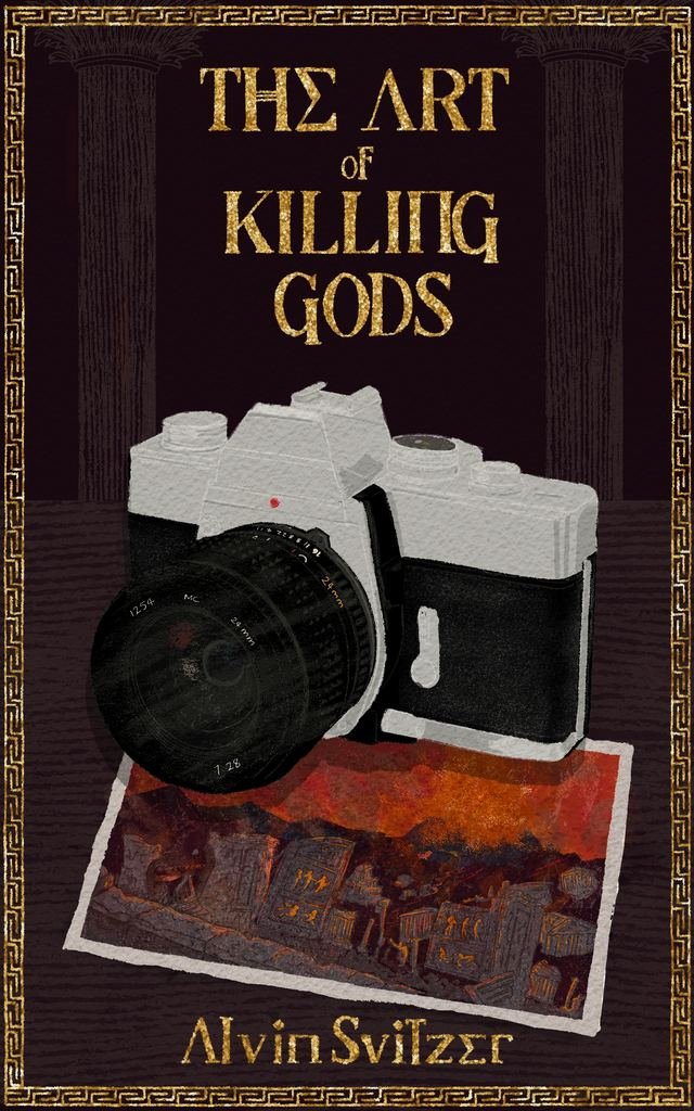 The Art of Killing Gods book cover featuring a camera, ruins, and gold title text