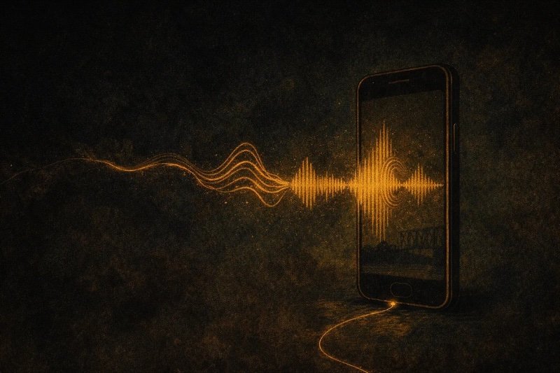A smartphone on a dark surface displaying a glowing orange audio waveform